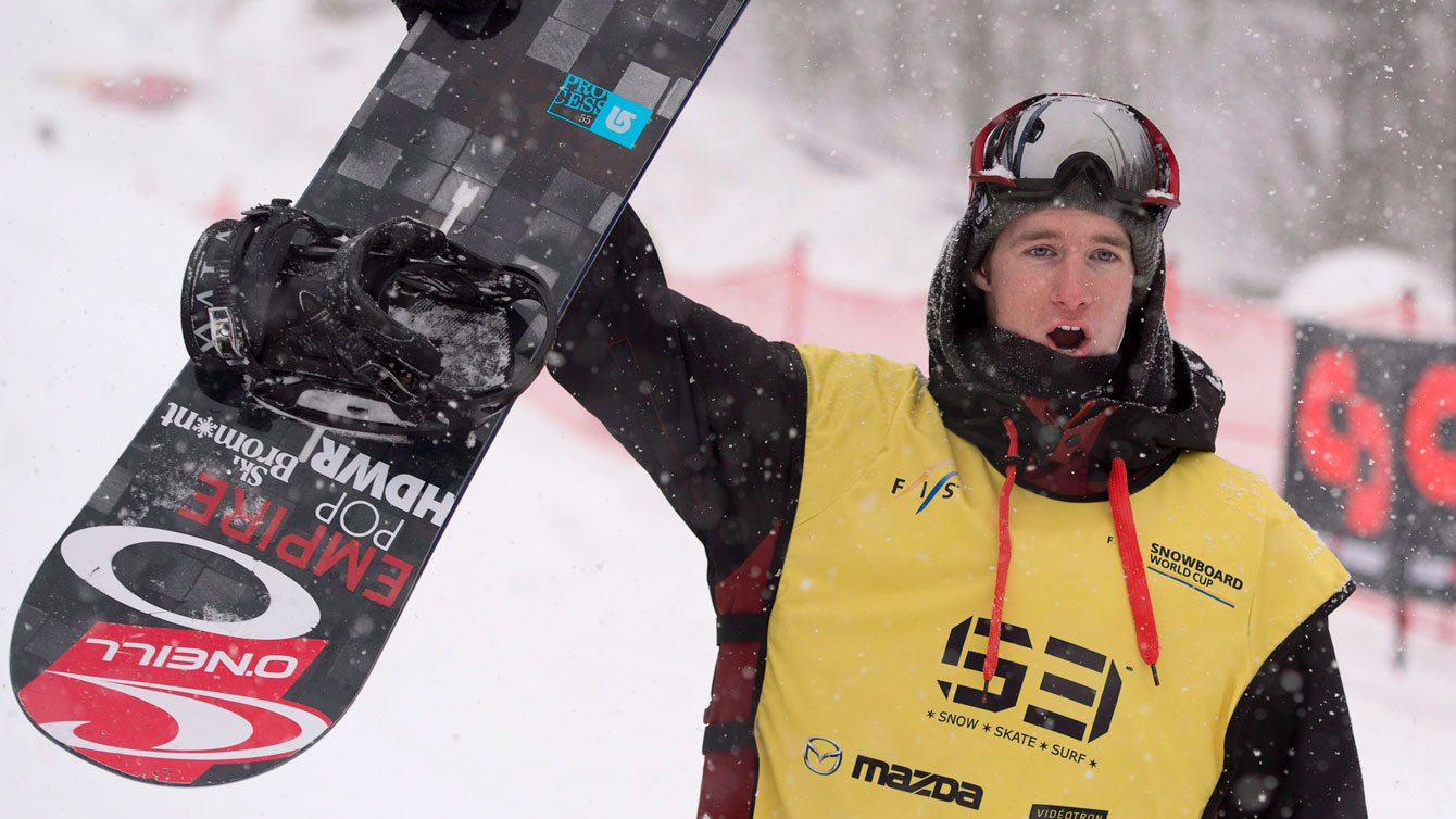 Maxence Parrot celebrates after winning World Cup gold in Stoneham over the weekend. 