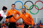 Denny Morrison, à gauche, avec les Néerlandais Stefan Groothuis et Michel Mulder, sur le podium du 1000 m.