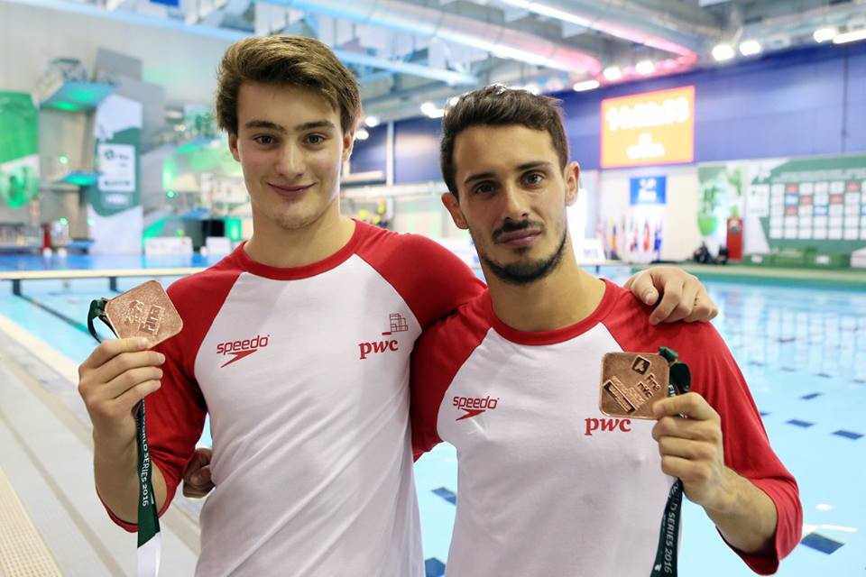 Philippe gagné et François Imbeau-Dulac au troisième arrêt des Séries mondiales FINA à Windsor, le 15 avril 2016. (Photo par Vaughn Ridley/Diving Canada)