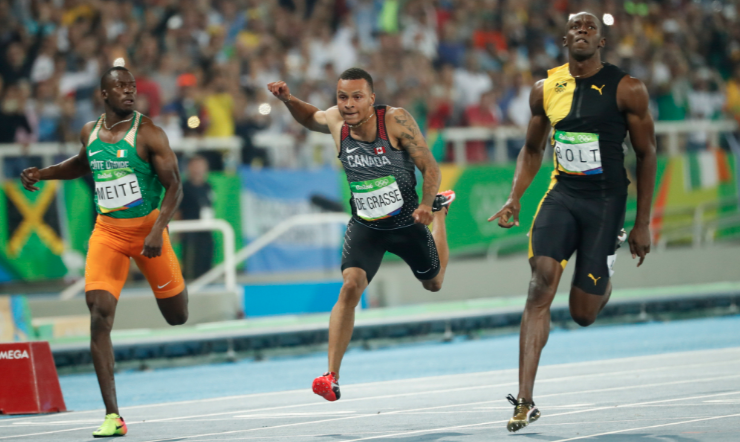 Andre de Grasse en bronze à l'épreuve du 100 m lors des Jeux olympiques de 2016, à Rio. Photo : COC