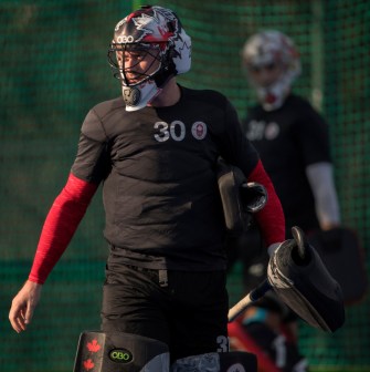 Le gardien David Carter en action lors d’un match amical contre la Nouvelle-Zélande aux Jeux olympiques de 2016, à Rio. COC Photo by Jason Ransom