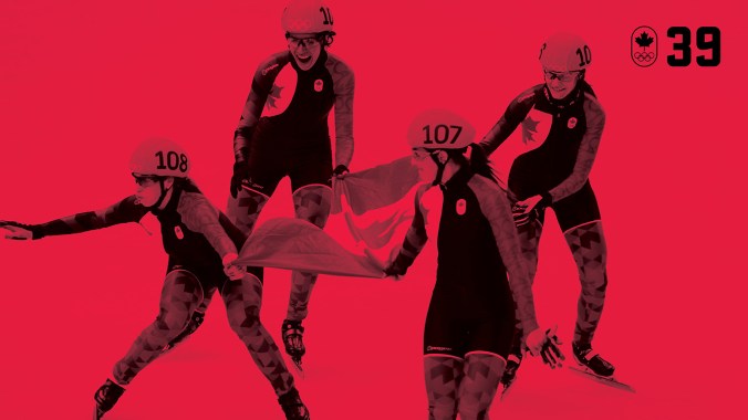 100 COUNTDOWN 39 HOR La patineuse de vitesse sur courte piste Marie-Ève Drolet a gagné le bronze au relais à Salt Lake City 2002, puis a pris sa retraite à seulement 21 ans. Des années plus tard, elle a renoué avec son sport et fait son retour olympique à Sotchi 2014, où elle a décroché l’argent, en plus de porter à 7 le nombre de médailles olympiques consécutives gagnées par le Canada pour le relais féminin. SOIS RÉSILIENT.