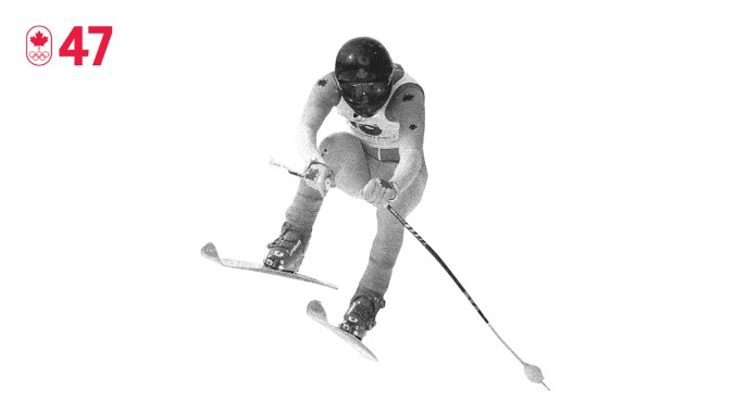 100 COUNTDOWN 47 HOR Quelques jours avant ce qui aurait dû être ses débuts olympiques, Steve Podborski a rompu deux ligaments du genou. Allongé dans son lit, il décida de ne pas participer à la compétition, sachant qu'il ne s'était pas entraîné autant qu'il le devrait. Quatre ans plus tard, il a remporté la médaille de bronze à Lake Placid 1980, devenant le premier homme non européen à remporter une médaille olympique en descente. SOIS DÉTERMINÉ