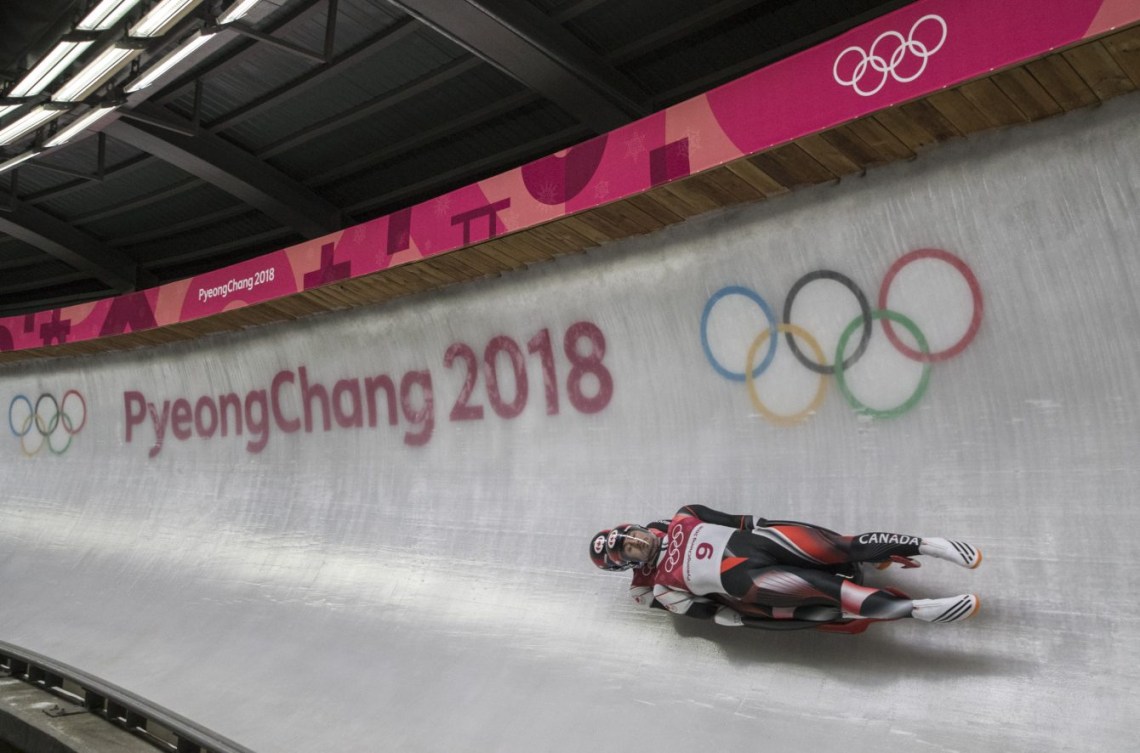 Tristan Walker et Justin Snith lors de l'épreuve de luge double, aux Jeux olympiques de PyeongChang, le 14 février 2018. Photo COC/David Jackson