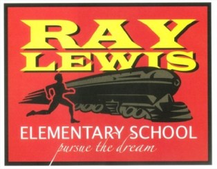 Sur fond rouge, Ray Lewis inscrit en majuscules jaunes, l'image d'un coureur près d'un train et le titre Elementary School, pursue the dream.