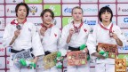 De gauche à droite, Chen-Ling Lien, Christa Deguchi, Jessica Klimkait et Haruka Funakabo lors de la cérémonie des médailles des moins de 57 kg au Grand chelem d'Ekaterinberg, en Russie, le 15 mars 2019. (Photo: IJF)