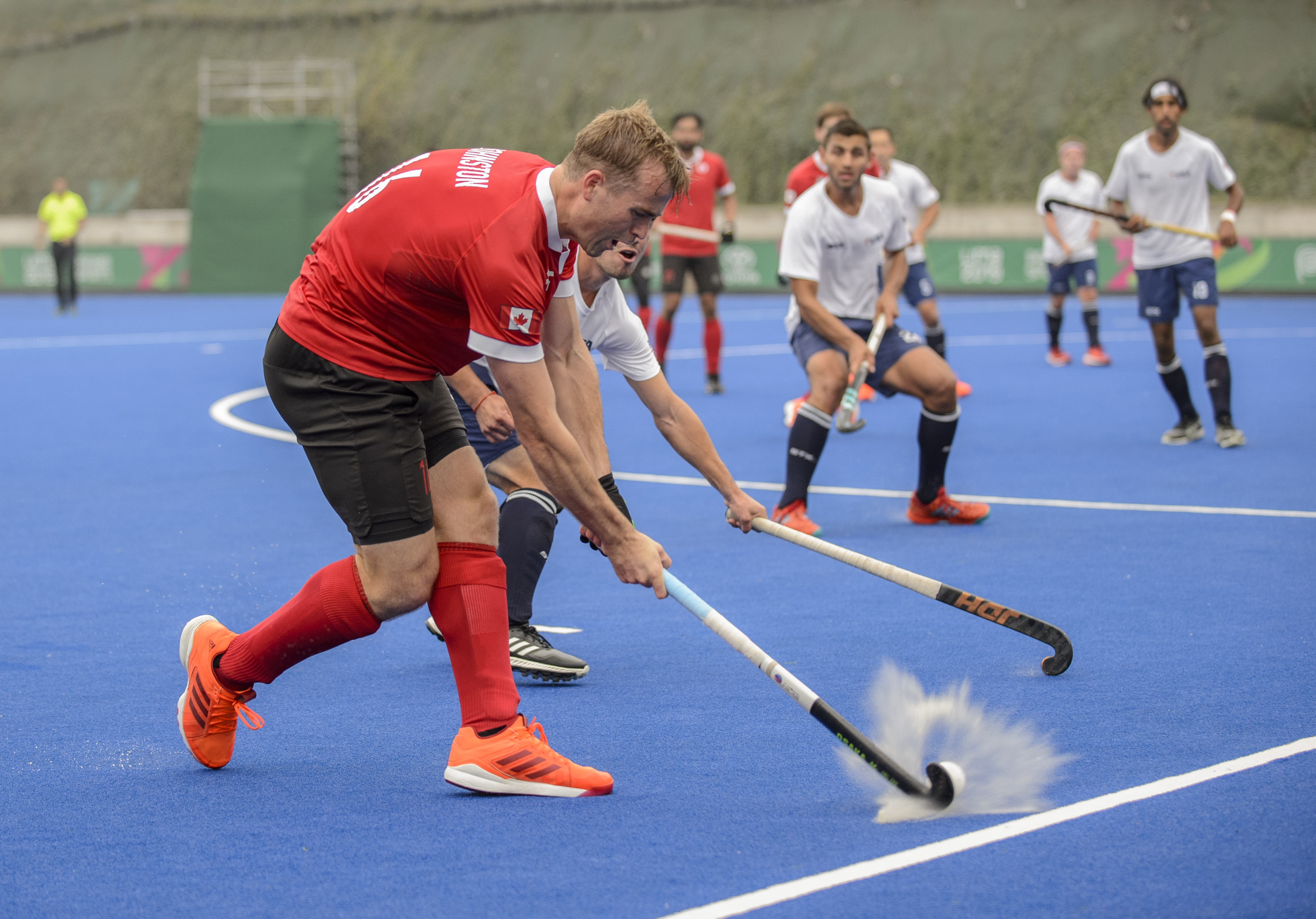 Gordon Johnston pendant un match de hockey sur gazon à Lima 2019
