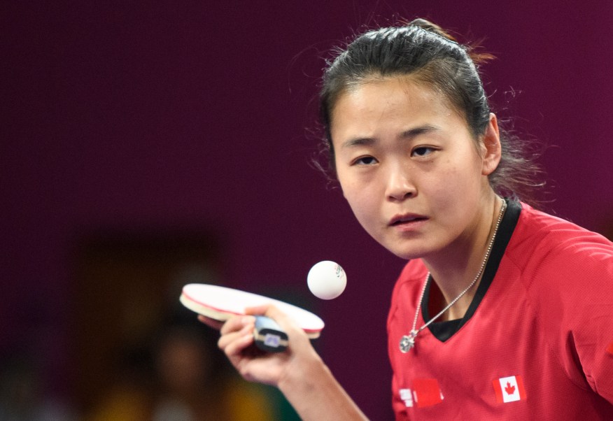 Équipe Canada Mo Zhang et Alicia Côté tennis de table Lima 2019 Mo Zhang et Alicia Côté du Canada contre le Guatemala en tennis de table en double dames aux Jeux Panaméricains de Lima 2019 le 4 août 2019. Photo de Christopher Morris / COC