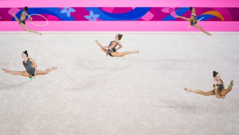 Équipe Canada gymnastique rythmique Lima 2019 Alexandra Udachina, Carmen Whelan, Alexandra Zilyuk, Vanessa Panov et Carmel Kallemaa pendant la routine de groupe en gymnastique rythmique aux Jeux panaméricains de Lima 2019 le 03 août 2019. Photo de David Jackson / COC