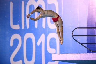 Vincent Riendeau participe à la finale du 10 m aux Jeux panaméricains de Lima, au Pérou, le 5 août 2019. Photo : Vincent Ethier/COC