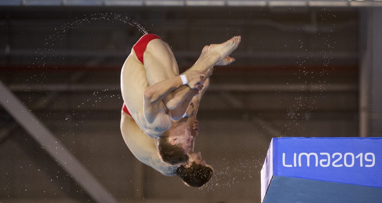 Vincent Riendeau et Nathan Zsombor-Murray participent au 10 m synchronisé masculin aux Jeux panaméricains de Lima, au Pérou, le 2 août 2019. Photo : Christopher Morris