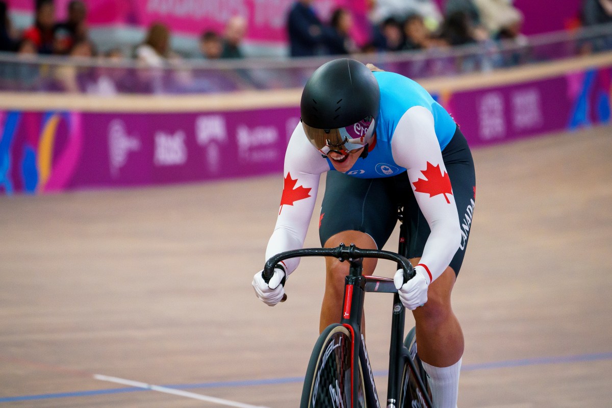 Kelsey Mitchell pendant le sprint féminin à Lima 2019