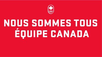 Nous sommes tous Équipe Canada, texte blanc sur fond rouge