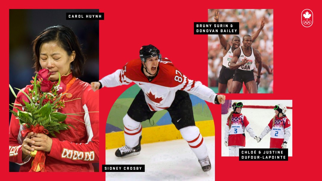 Collage de photos de Carol Hyunh, Sidney Crosby, les soeurs Dufour-Lapointe, Bruny Surin et Donovan Bailey