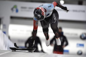 Jane Channell du Canada au départ de sa descente de skeleton des championnats du monde à Altenberg, en Allemagne, le 29 février 2020.