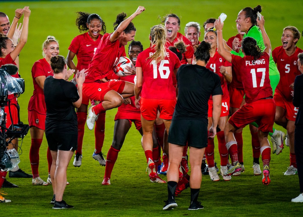 Team Canada celebrates after winning gold in Women’s football final against Sweden during the Tokyo 2020 Olympic Games on Friday, August 06, 2021. Photo by Mark Blinch/COC *MANDATORY CREDIT*