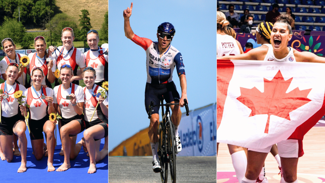 Montage photo du huit de pointe féminin d'aviron, du cycliste Mike Woods et de l'équipe canadienne féminine de basketball.