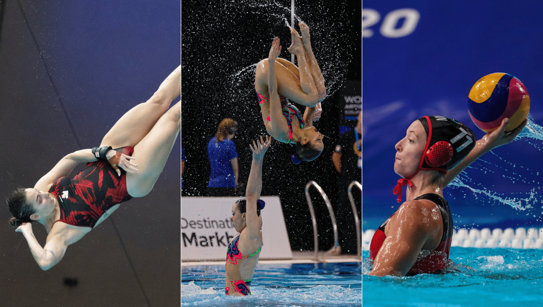 Montage photo de la plongeuse Pamela Ware, de nageuses artistique et d'une joueuse de water-polo.