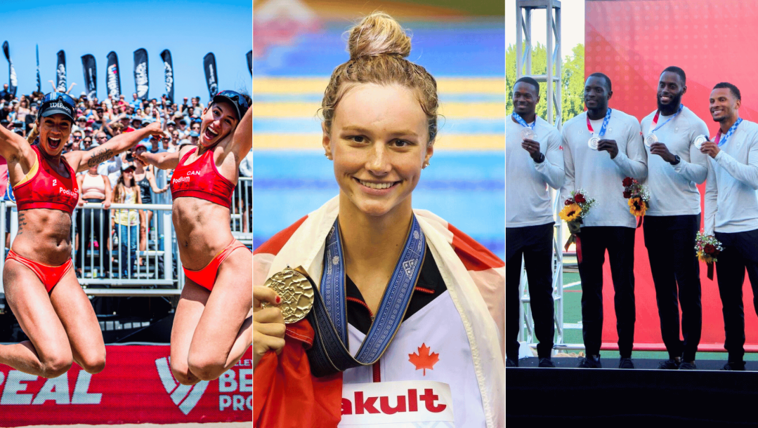 Montage de Melissa Humana-Paredes et Brandie Wilkerson, Summer McIntosh et le relais 4x100 m d'athlétisme de Tokyo 2020.