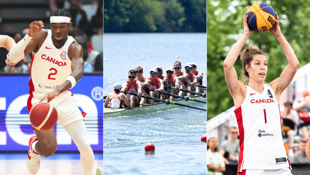 Montage photo de basketball masculin, aviron, et basketball 3x3 féminin.