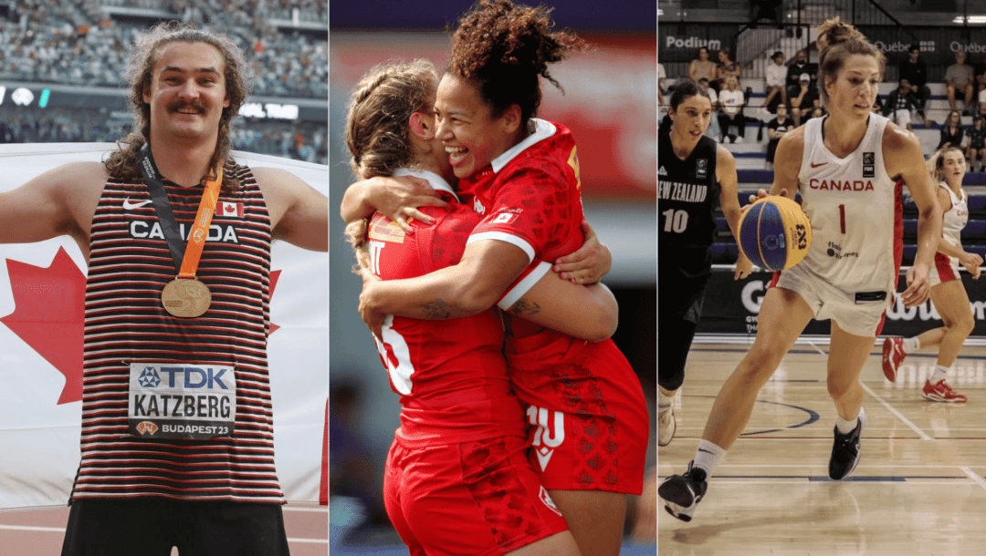 Montage photo d'Ethan Katzberg, de joueuses de rugby et de Michelle Plouffe.