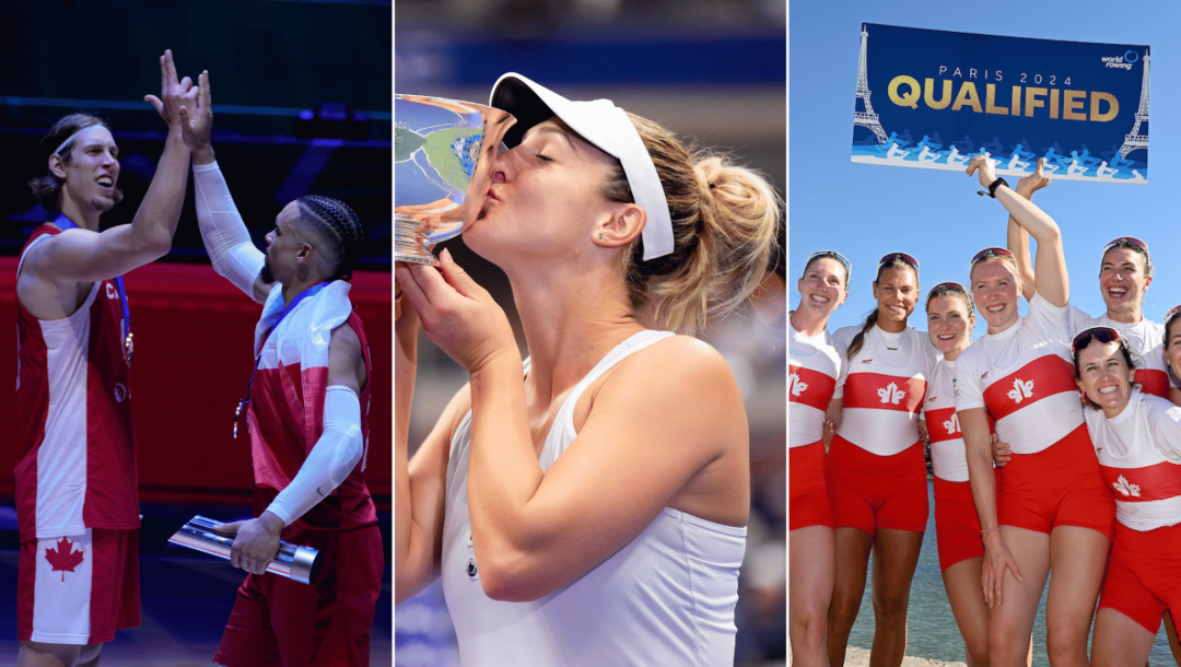 Montage photo de basketball masculin, de Gabriela Dabrowski et du huit de pointe féminin d'aviron.