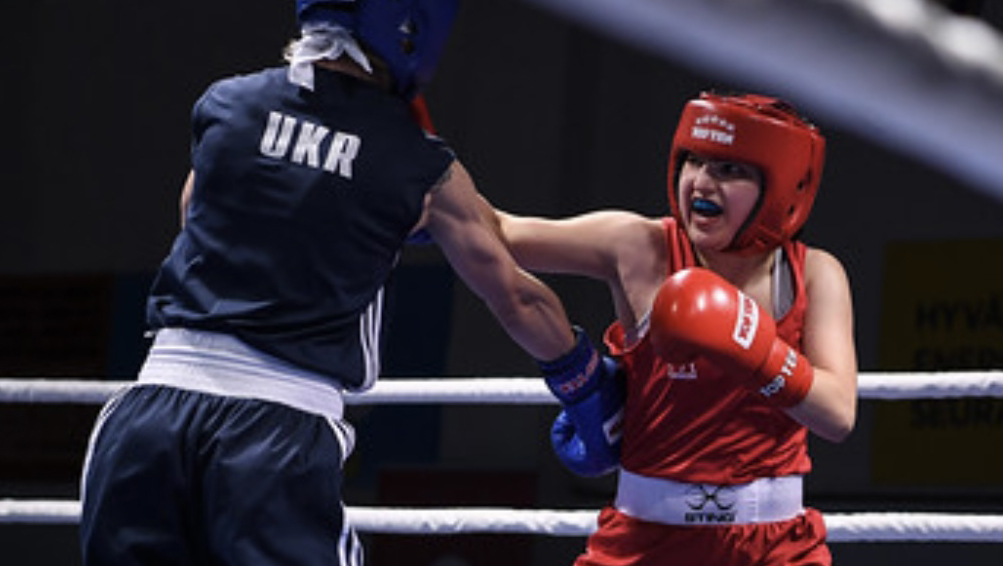 Alahmadieh pendant un combat de boxe.