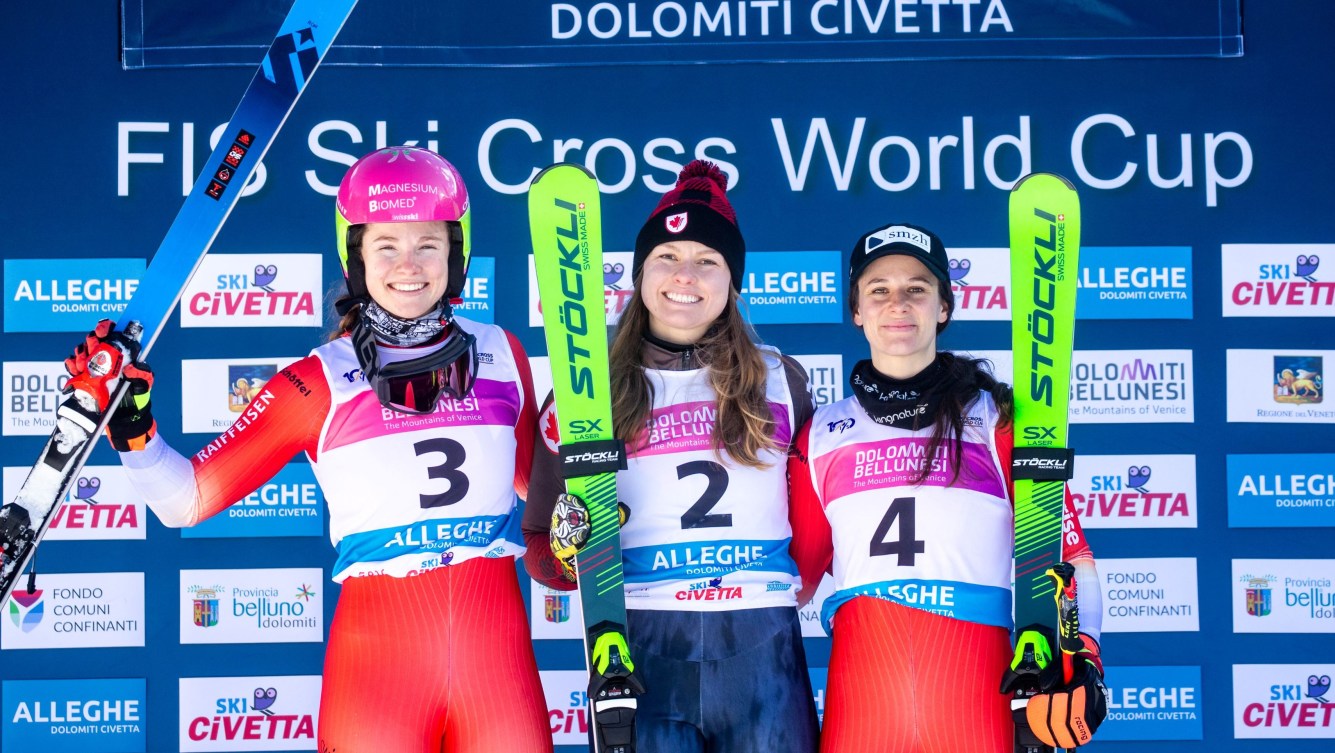 Trois skieuses sur le podium.