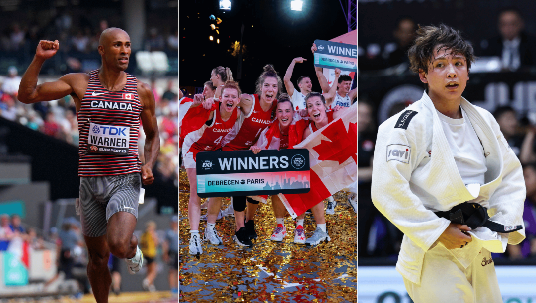 Montage photo de Damian Warner, l'équipe de basketball 3x3 et Christa Deguchi.