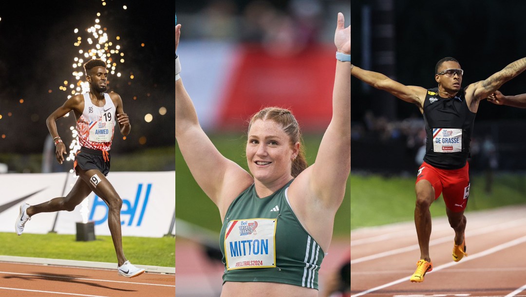 Un montage de trois photos à la verticale, avec Mo Ahmed à gauche, Sarah Mitton au centre et Andre De Grasse à droite.