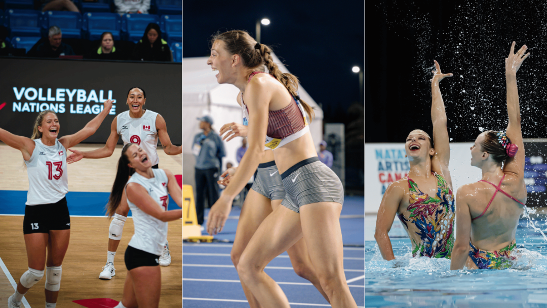 Montage photo de l'équipe féminine de volleyball, Audrey Leduc et du duo de natation artistique Jacqueline Simoneau et Audrey Lamothe.