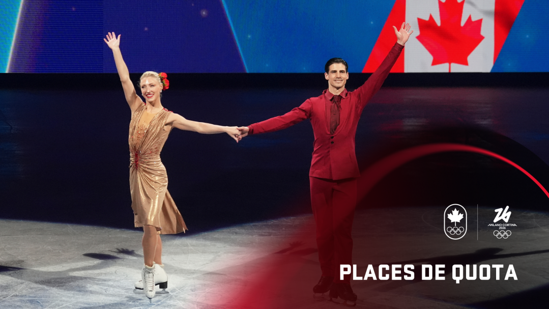Piper Gilles et Paul Poirier saluent la foule, sur une visuel annoncant les places de quota du Canada aux Jeux de Milano Cortina 2026