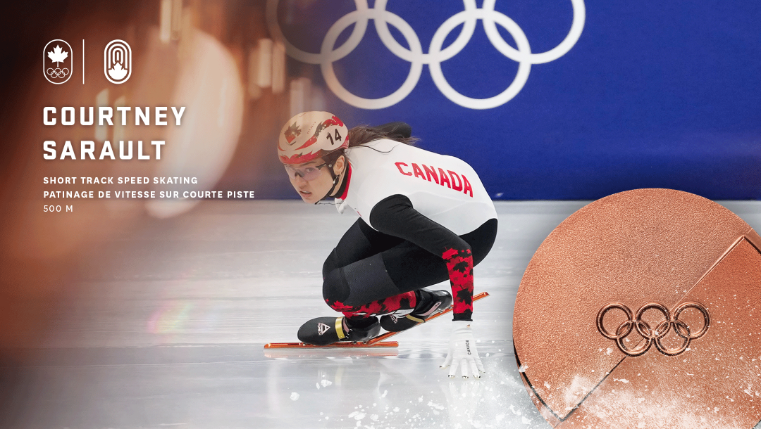 Un montage visuel avec Courtney Sarault, soulignant sa médaille de bronze au 500 m en patinage de vitesse sur courte piste