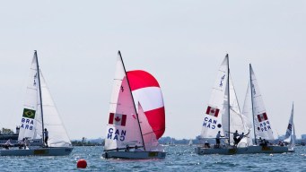 Five sailboats in a race on a lake