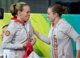 Rosie MacLennan and Karen Cockburn share a laugh