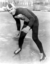 Black and white image of Frank Stack posing during the 1932 Lake Placid Olympics.