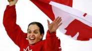 Canada's Danielle Goyette celebrate her team's 4-1 victory over Team Sweden to win the gold medal in women's hockey at the Turin 2006 Olympic Winter Games Monday, Feb. 20, 2006 in Turin. (CP PHOTO/Paul Chiasson)