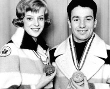 Canada's Debbi Wilkes and Guy Revell celebrate their podium finish in the pairs figure skating event at the Innsbruck 1964 Olympic Winter Games. (CP Photo/COC)