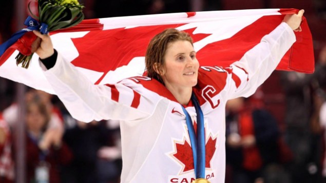 Hayley Wickenheiser Wickenheiser celebrating with Canadian flag