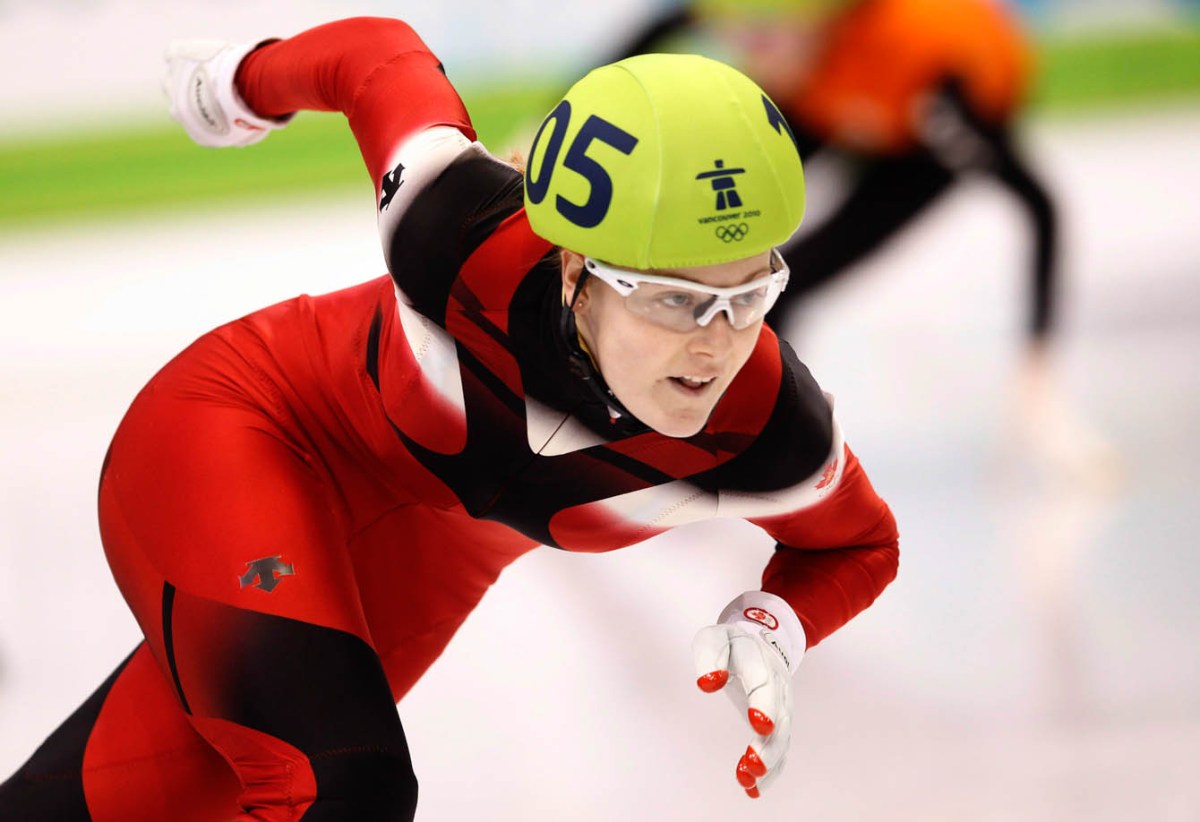 Jessica Gregg speed skating at the Vancouver 2010 Olympic Games in the Women's 3,000m relay