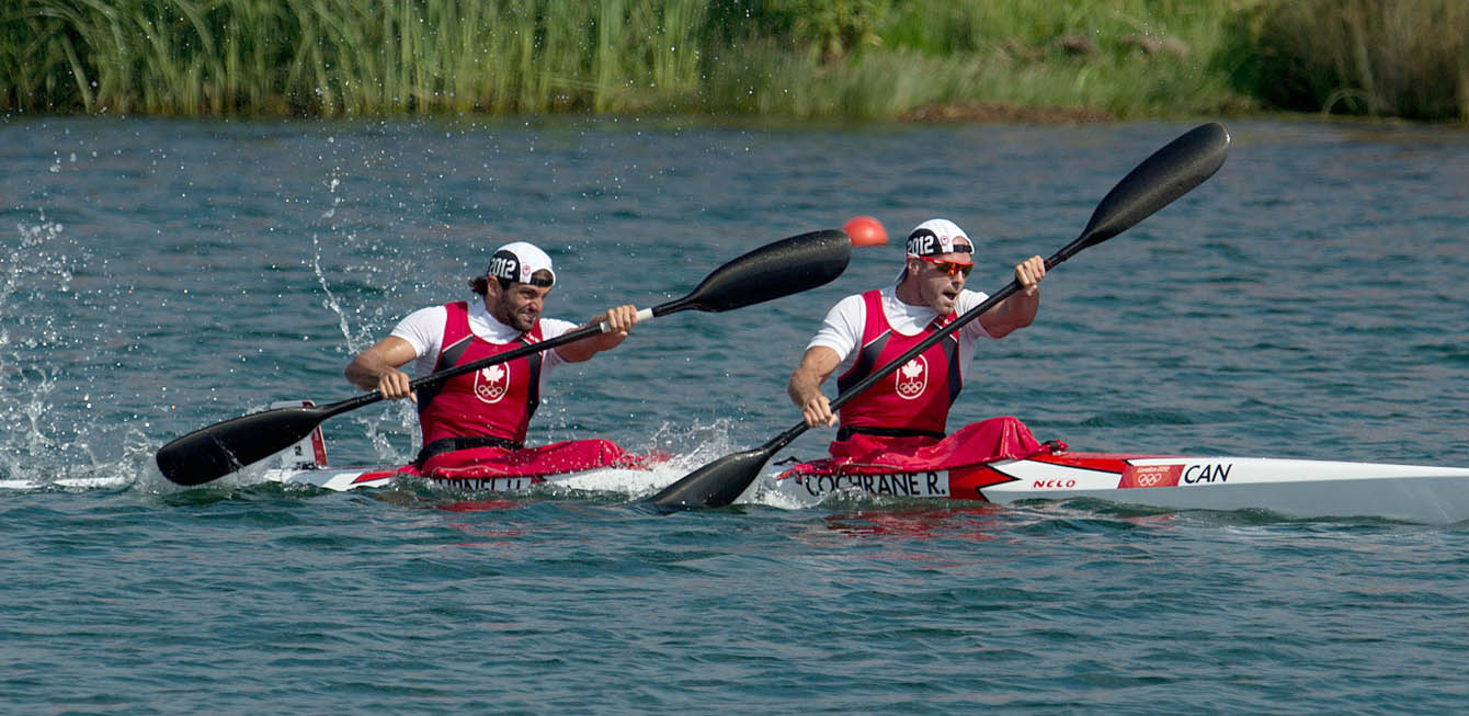 Canada's Ryan Cochrane, right, and Hugues Fournel race in the 200-metre kayak double (K2) final during the 2012 Summer Olympics at Dorney, England on Saturday, August 11, 2012.