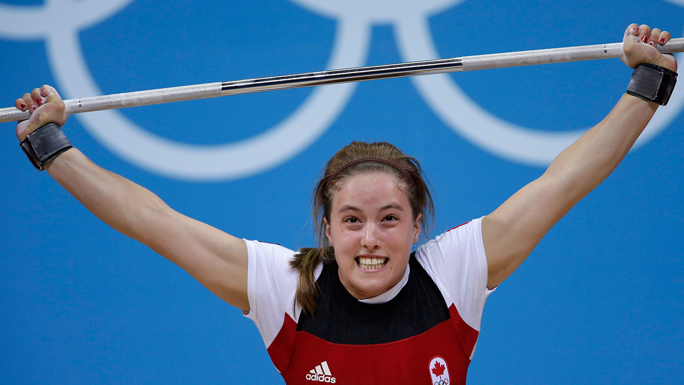 Canada's Marie-Eve Beauchemin-Nadeau competes during the women's 69-kg, group B, weightlifting competition at the 2012 Summer Olympics, Wednesday, Aug. 1, 2012, in London. (AP Photo/Hassan Ammar)