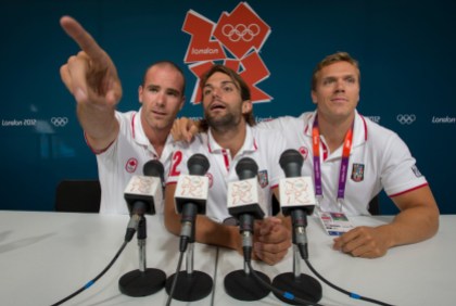 Cochrane, Fournel, de Jonge - London 2012 Canadian Olympic team flatwater kayakers, Ryan Cochrane, left, Hugues Fournel, middle and Mark de Jonge ham it up for a photo following a press conference at the Eton Dorney Olympic venue August 3, 2012. Canoe and kayak events start August 6th at the 2012 London Olympics. THE CANADIAN PRESS/HO, COC - Jason Ransom