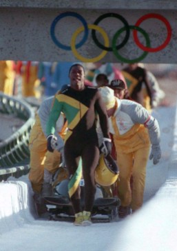 Jamaican Bobsled Team The Jamaican bobsleigh team leaves the track after their final run at Calgary 1988.