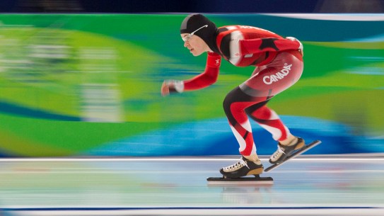 Canadian speed skater Clara Hughes races to bronze in the women's 5000m event at the XXI Olympic Winter Games in Richmond, B.C., Wednesday Feb. 24, 2010. THE CANADIAN PRESS/Adrian Wyld