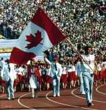 Alex Baumann leading the Canada as the Los Angeles 1984 Opening Ceremony flag bearer.