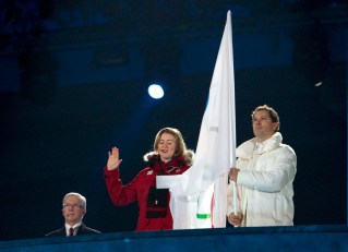 Canadian hockey player, Hayley Wickenheiser, takes the oath on behalf of all Olympic athletes at the Vancouver Olympic opening ceremonies Friday February, 12, 2010. THE CANADIAN PRESS/Darryl Dyck
