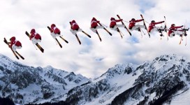 An aerial photo of one of Dara Howell's jumps at Sochi 2014.