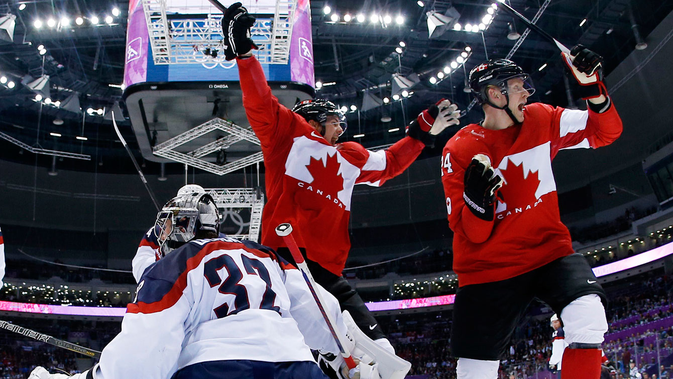 Jamie Benn and Corey Perry celebrate in Sochi.