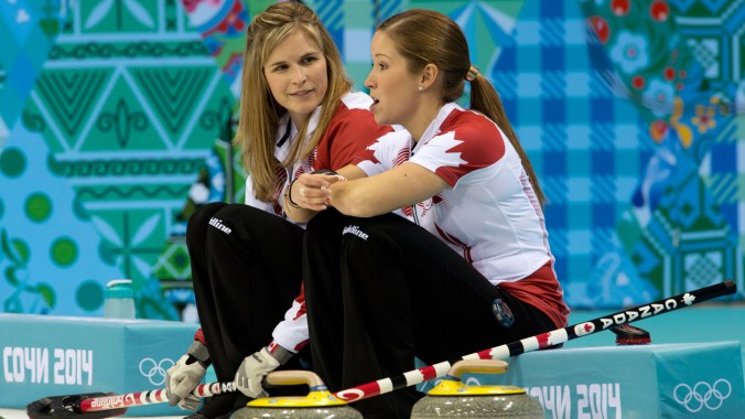 Jennifer Jones and Kaitlyn Lawes at Sochi 2014 Jennifer Jones and Kaitlyn Lawes sit while discussing strategy